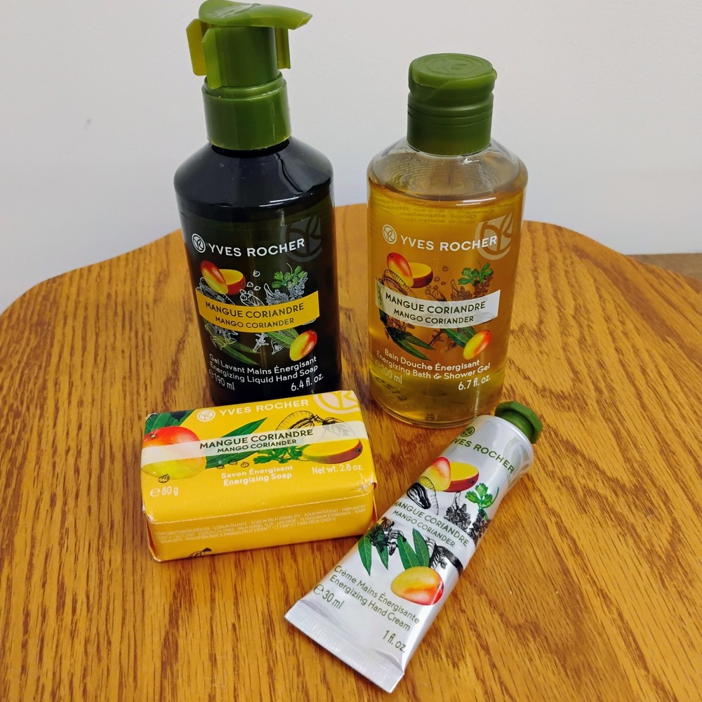 Yves Rocher Mango Coriander Energizing Hand Soap Shower Gel Hand Cream 4 pc Set